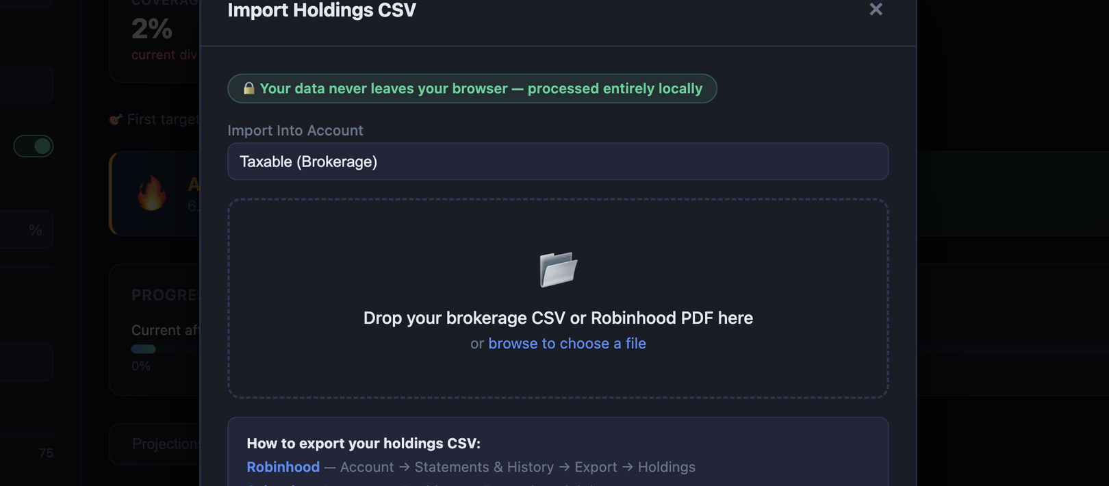 FIREMe CSV import modal with drag and drop zone and holdings preview table
