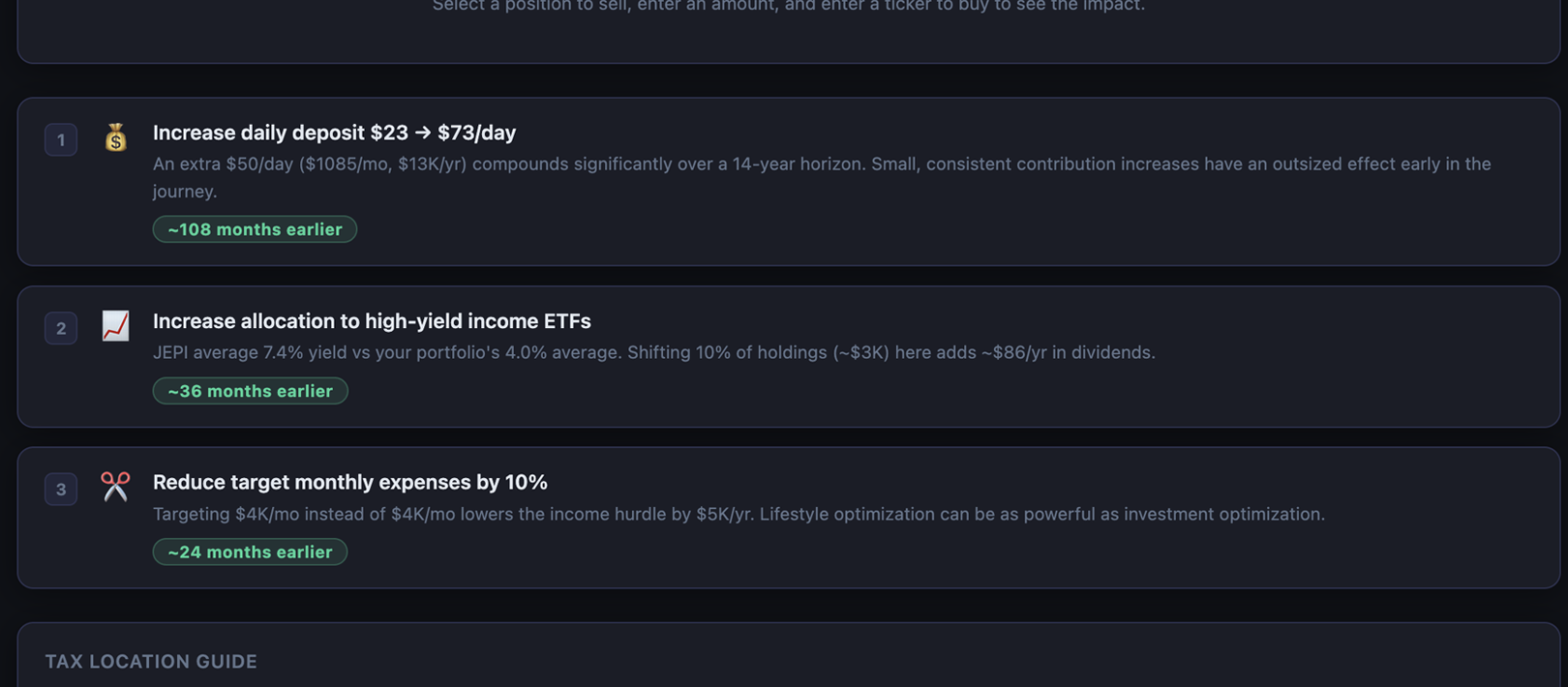 FIREMe insights tab showing ranked optimization suggestions and reallocation roadmap